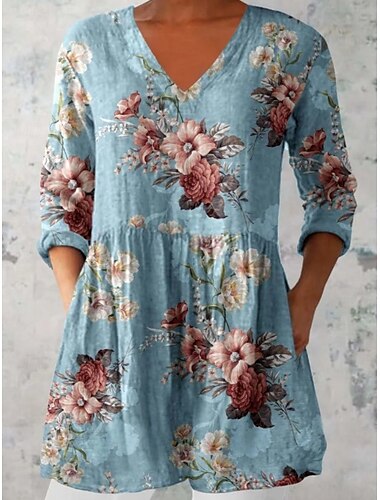  Damen Bluse Blumen Grafik Bohemien Vintage Lässig Langarm V Ausschnitt Normale Oberteile Täglich Ausgehen Tasche Druck Wein Blau Fuchsie Grün Leicht Blau Sommer