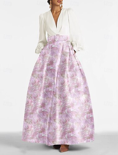  blaues Abendkleid in A-Linie mit Jacquard-Brokat-Blumenmuster, bodenlang, lange Ärmel, V-Ausschnitt, Nylongürtel mit Schlitztasche, 2025