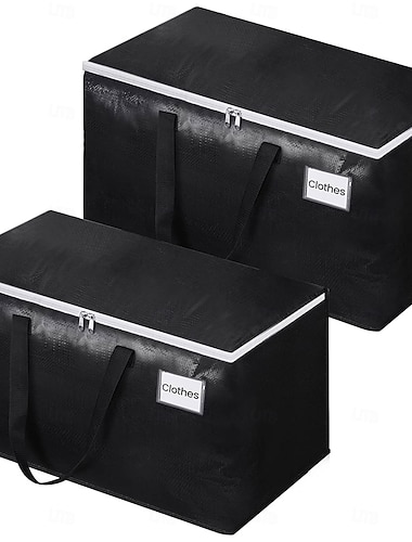  2-pack flyttväskor med handtag, extra stora kraftiga vikbara vävda förvaringsväskor för kläder, sängkläder, resor, bilbagage, svarta väskor med dragkedja