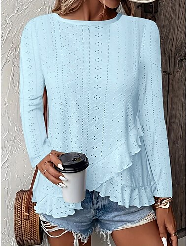  Damen Bluse Einfarbig Stilvoll Lässig Langarm Rundhalsausschnitt Normale Oberteile Täglich Rüsche Lochmuster Weiß Gelb Blau Grün Sommer Frühling