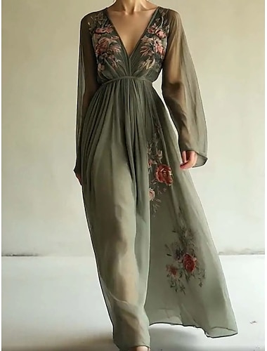  Dames Maxi-jurk A lijn jurk Casual Buiten Uitgaan Normale pasvorm Bloemig Grafisch Lange mouw V-hals Groen Zomer