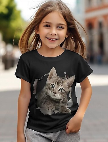  Mädchen 3D Katze T-Shirt Kurzarm Sommer Frühling Mode Basic Kinder 4-12 Jahre Rundhalsausschnitt Outdoor Lässig Täglich Normale Passform