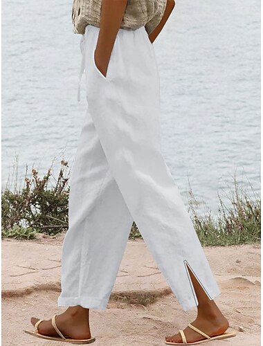  Pantalones de algodón y lino para mujer de color sólido chinos moda casual largos de cintura alta lisa con bolsillo y cordón de confort al aire libre microelástico de vacaciones diarias camel vino