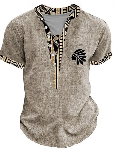  Herren Stammes Ethnisch T Shirt Henley Hemd T-Shirt Kurzarm Designer Basic Ethnisch Outdoor Lässig Täglich Sommer Gelb Hellgrün Khaki Henley Henley T-Shirt