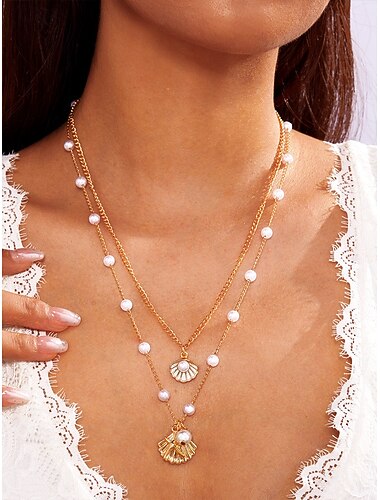  Collana estiva da spiaggia da donna con ciondoli a forma di perle, conchiglie e stelle marine – collana a strati placcata in oro per le vacanze, abiti casual e occasioni speciali