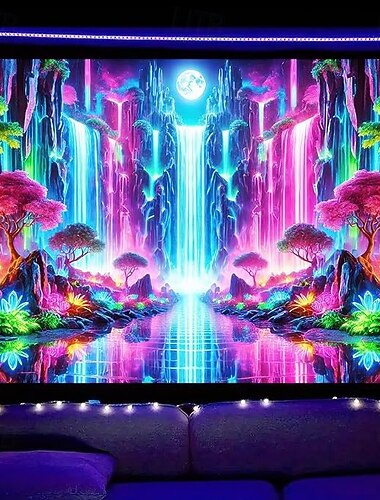  Svarte lysvev Gløde i mørket Glødepresentasjon UV reaktiv fantasifoss Trippy Tåkete natur landskap Hengevev Veggkunst Tapet til stue Soverom