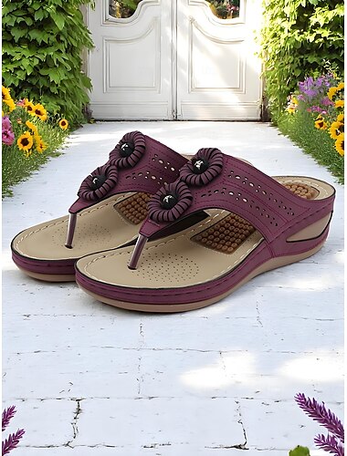  Flip-Flop-Sandalen für Damen mit Blumenverzierung – graues Keildesign mit Massage-Innensohle, atmungsaktiv und stylisch zum Entspannen im Innenhof