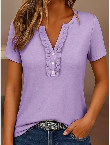  Dames T-shirt Casual Strandstijl Korte mouw V-hals Normale tops Dagelijks Hemelsblauw Donkergroen Paars Khaki Zomer