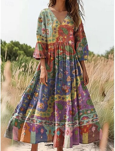  Dam Maxiklänning Solklänning A linjeklänning Plisserad klänning Semester Ledigt Boho Dagligen Helgdag Utekväll Lös passning Blommig Grafisk 3/4 ärm V-hals Gul Purpur Orange