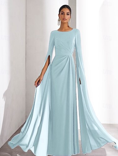  blau-gelbes Chiffon-A-Linien-Abendkleid, elegantes Kleid für formelle Hochzeitsgäste, bodenlang, lange Ärmel, U-Boot-Ausschnitt mit Rüschen, 2025