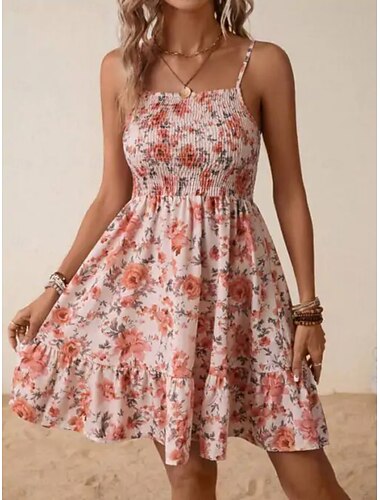 Dámské Mini šaty Slip Dress stylové Na běžné nošení Bez rukávů Tvarovaný potah Tisk Bez rukávů Ramínka Světlá růžová Léto Podzim