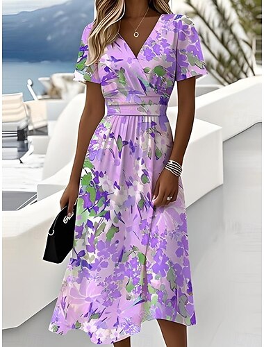  Damen Minikleid Strickkleid Teekleid Blumenkleid Urlaub Lässig Strand Strand Normale Passform Blumen Grafik Kurzarm V Ausschnitt Gelb Blau Purpur Sommer Frühling