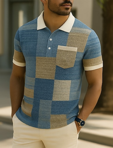  Homme Bloc de Couleur Chemises Polo Gaufre Manche Courte Polos Chemises à Col Vêtement décontracté de travaile Affaires Athleisure Tenue quotidienne Boutons Avec Poches Impression 3D Été Noir Bleu