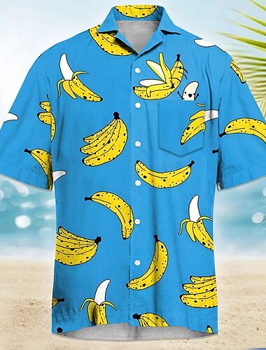  Herren Lustig Banane Kuba-Kragen-Hemd Sommer Hawaiihemd Alohahemd Kurzarm Hawaiianisch Urlaub Ferien Strandbekleidung Sommer Frühling Hemd mit Camp-Kragen 3D-Druck Eine Tasche vorne Gelb Blau Grün