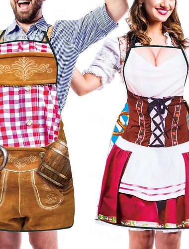  Paar 2-teilige Oktoberfestschürze Oktoberfestparty Paar Dirndl mit verstellbaren Bindeseilen Kochen Gartenarbeit Grillen Backen Lustige Kostüme Münchner Wiesn Halloween Karneval