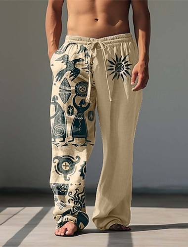  Homme Impressions Graphiques Pantalons en Lin Pantalons Amples Taille Moyenne Style Ethnique Occasionnel Cordon de serrage Taille Élastique Poche Avant Printemps & Été Noir Bleu Kaki
