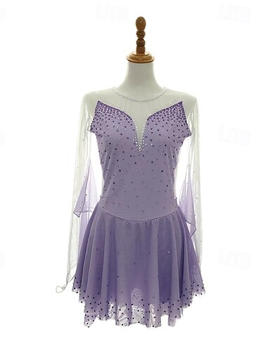  Eiskunstlaufkleid Damen Mädchen Eislaufen Kleid Violett Patchwork Daumenloch Netzstoff Spandex Dehnbar Training Übung Professionell Eiskunstlaufkleidung Thermowarm Kristall / Strass Langarm Eislaufen