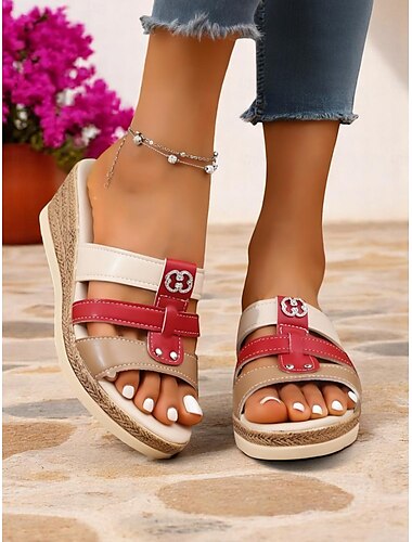  Sandale cu platformă roșii și bej pentru femei – pantofi confortabili, cu vârful deschis și barete decorative, pentru ieșiri de vară, plajă și ținute casual