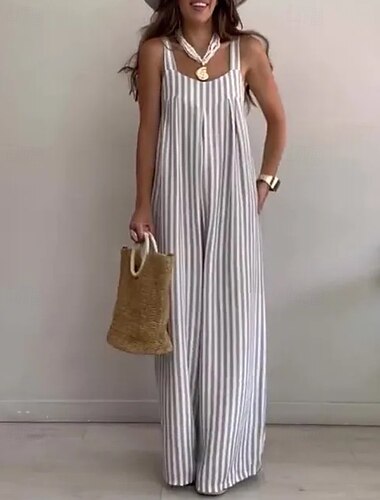  Mujer Normal Pantalones inspirados en el lino Ropa de calle A Rayas Sin Mangas Escote en U Espalda al Aire Calle Diario Ajuste regular Amarillo Rojo Azul Marino Verano