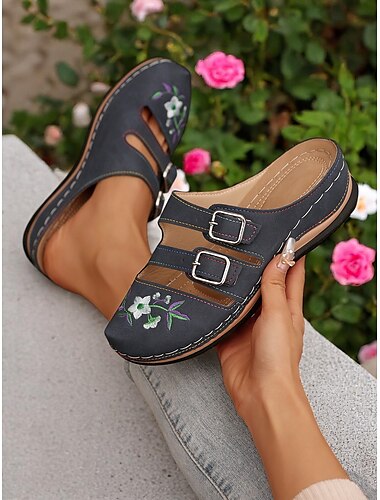  Damen-Pantoletten mit besticktem Cutout und Schnallenriemen – lässige Schuhe im Vintage-Stil mit Blumenmuster, ideal für Frühlingsspaziergänge und den Alltag