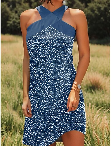  Damen Minikleid Sommerkleid A Linie Kleid Urlaub Lässig Ausgehen Normale Passform Grafik Geometrisch Tupfen Ärmellos Neckholder Rote Blau Purpur Grün Sommer