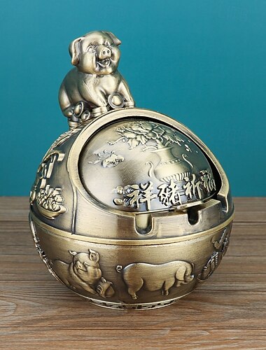  Vintage-Aschenbecher mit Deckel, chinesisches Tierkreiszeichen, 12 Tierzeichen, dekorativer Aschenbecher mit Deckel, winddichtes Schreibtisch-Ornament für das Wohnzimmer im Homeoffice