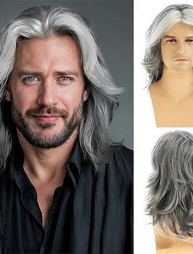  Perruque synthétique grise longue et lisse pour homme, résistante à la chaleur, pour costume, cosplay