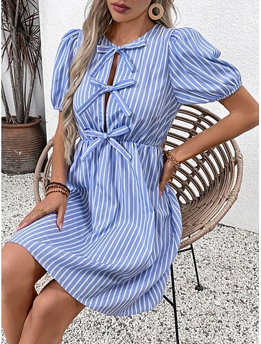  Damen Minikleid A Linie Kleid Sommerkleid Lässig Täglich Normale Passform Grafik Gestreift Kurzarm Rundhalsausschnitt Schwarz Blau Sommer