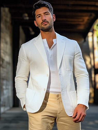  Herren Blazer Leinen Blazer Sportmantel Casual Alltag Frühling &Sommer Leinen einfarbig einreihiger Zwei-Knopf-Blazer weiß