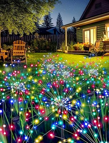  2 luces solares impermeables para fuegos artificiales al aire libre, 120 LED, para patio, jardín, camino, calle, césped, boda, festival, ambiente decorativo.