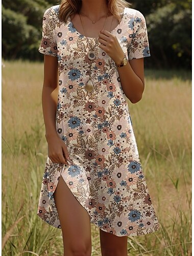  Damen Minikleid T-Shirt-Kleid A Linie Kleid Sommerkleid Lässig Ferien Strand Normale Passform Blumen Grafik Kurzarm Rundhalsausschnitt Rote Leicht Braun Blau Orange Sommer Frühling
