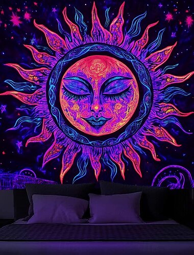  Boho černé světlo tapisérie svítící ve tmě Glow Party UV reaktivní slunce a měsíc trippy mlhavá houbová přírodní krajina závěsná tapisérie nástěnné umění nástěnná malba pro obývací pokoj ložnici