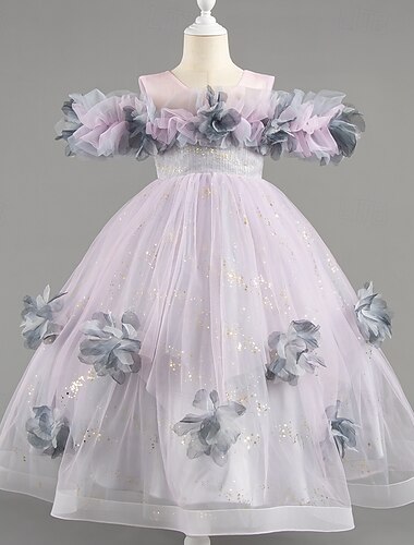  Kinder Mädchen Partykleid Blume Kurzarm Hochzeit Besonderer Anlass Pailletten Gerafft Reißverschluss Prinzessin Süß Polyester Maxi Partykleid Sommer Frühling Herbst 4-12 Jahre Rote Purpur Grau