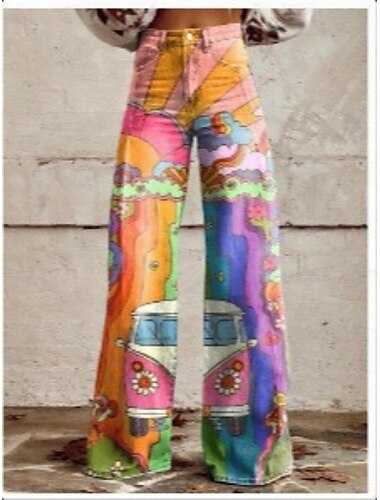  Retro Vintage 1970er Groovy Hose Hose mit weitem Bein Hippie Disco Hohe Taille Psychedelisch Jeans-Imitat Damen Karneval Alltagstauglich Musikfestival Retro-Mottoparty Erwachsene Hose