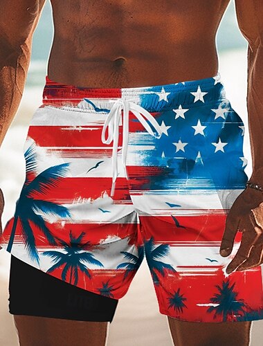  Independence Day Voor heren Planten Amerikaanse vlag Vaderlandslievend Gevoerde shorts 2 in 1 zwemshorts Lange zwembroeken Medium Taille Feestdagen Zijzakken Met compressievoering Elastische