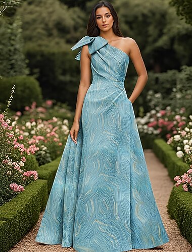 Metallisk Marmor Jacquard Kjole A-Line Kveldsdrakt Elegant Kjole Formell Bryllup Gulvlengde Uten Ermer En Skulder Brocade med Sløyfe(r) Fald Bryllupsgjest Kjole