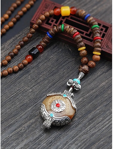  Herrhalsband i naturligt trä med tibetanskt totemhänge, smycken i bohemisk etnisk stil med långa kedjor för meditation, yoga, andliga sammankomster och avslappnade sommarkläder