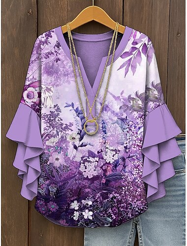  Damen Bluse Ombre Blumen Grafik Elegant Bohemien Ethnisch Dreiviertelarm V Ausschnitt Normale Oberteile Täglich Ferien Urlaubskleidung Druck Gelb Rosa Blau Purpur Grün Sommer Frühling Herbst
