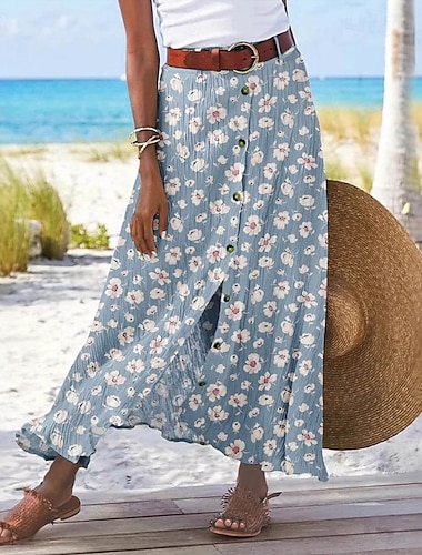  Dames Rok Casual Boho Maxi Medium taille Rokken Bloemig Afdrukken Gespleten punten Micro-elastisch Straat Uitgaan Hemelsblauw Zomer Polyester