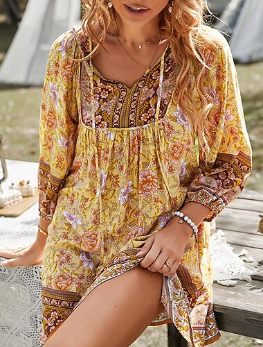 Per donna Mini Abito Abito Floreale Abito Boho Abito Stampato Classico Moderno All'aperto Vacanza Ferie Vestibilità regolare Fiore Manica Lunga Scollo a V Giallo Rosa Blu marino Blu Estate