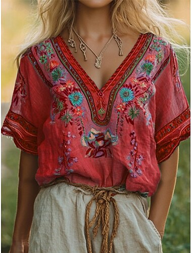  Damen Hemd Blumen Grafik Bohemien Stilvoll Klassisch Kurzarm Rundhalsausschnitt Normale Oberteile Täglich Strandbekleidung Urlaubskleidung Druck Gelb Rote Blau Purpur Orange Sommer Frühling