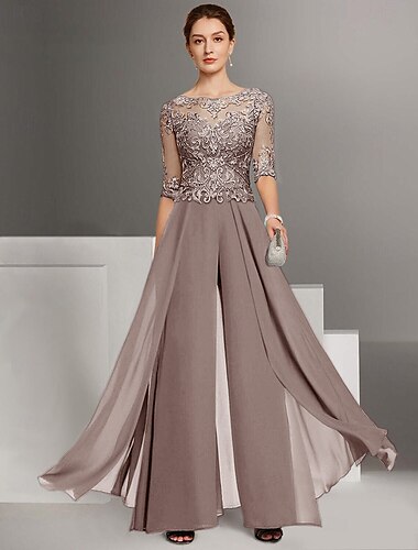  Twee Delige Jumpsuit  Broekpak Moeder van de Bruid Bruiloft Gast Kerk Elegante Petite Bateau Hals Vloerlengte Chiffon Halve Mouw met Applicaties 2025 gratis maat op maat