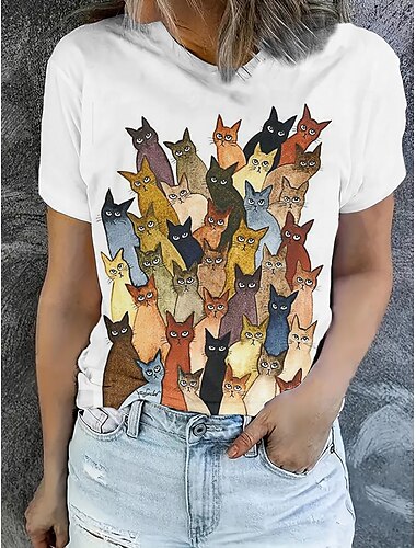  Women's T Shirt Summer Tops Graphic Cat Classic Casual Short Sleeve Crew Neck Crop Tops Daily Weekend Print Rainbow Summer Spring Fall