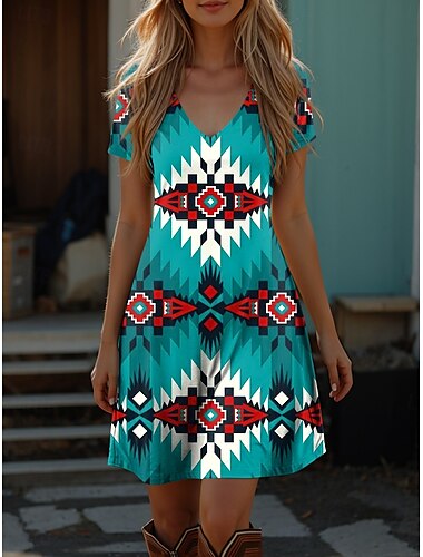  Dames Boho Jurk Westerse Jurk Vintage Mini Jurk T-shirt Jurk Tee Jurk Zomer Jurk Vakantie Casual Strand Uitgaan Reguliere Pasvorm Graphic Tribaal Korte Mouwen V Hals Rood Blauw Paars Groen Zomer