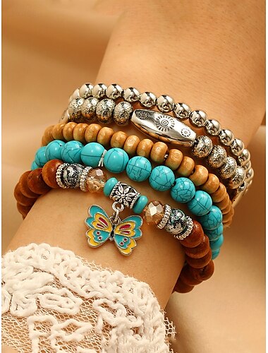  Damen-Set mit Perlenarmband im Boho-Western-Charm-Stil – mehrlagiger Stretch-Stapel mit Türkis, Holzperlen und Cowboystiefel-, Feder- und Bullenschädel-Charms – Festival-, Freizeit- und Geschenkschmuck
