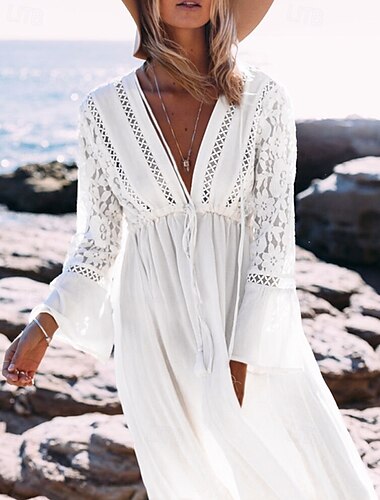  Femmes Maillots de Bain Vêtement couvrant Robes Maillot de bain Découpé Tropical Tenues de plage Uni Col en V Manches courtes Maillots de bain