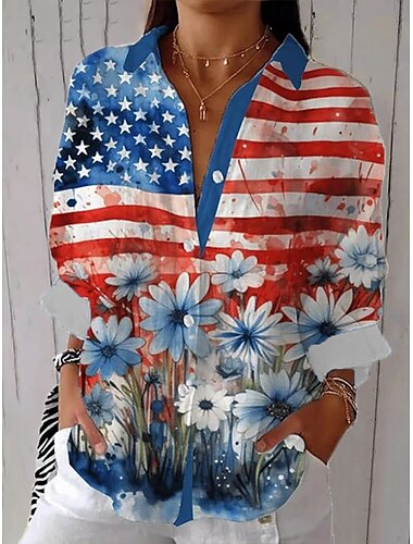  Unabhängigkeitstag Frauen Patriotische Vierte Juli Hemd Grafische Flagge Vintage Tropisch Stilvoll Langarm Hemd Kragen Reguläre Oberteile Arbeit Täglich Knöpfe Druck Gelb Rot Marineblau Sommer