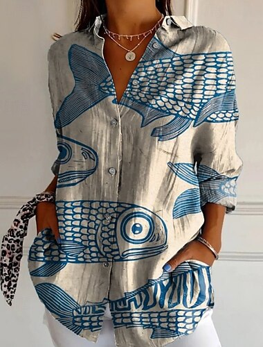  Dame Skjorte Boho skjorte Bluse Blomsternål i krystall Moderne Bohem Langermet Skjortekrage Vanlige topper Daglig Ferie Trykt mønster Lysegrønn Rosa Blå Oransje Grønn Sommer