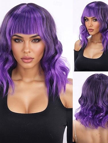  Synthetische Perücken Gewellt Wasserwelle Asymmetrisch Gerader Pony Maschinell hergestellt Perücke 14 Zoll A1 Synthetische Haare Damen Anime Klassisch Bequem Lila