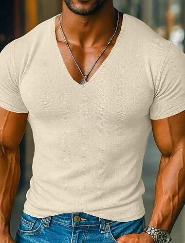  Herren T Shirt Strick-T-Shirt T-Shirt Kurzarm V Ausschnitt Sommer Einfarbig Mode Designer Basic Gestrickt Urlaub Straße Lässig Hellblau Gelb Beige Top T-Shirt für Herren
